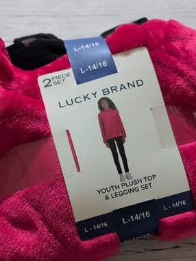 🆕 Lucky Brand Youth Plush Top & Printed Leggings - Bright Pink 🖤💗